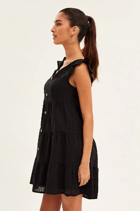 Black Button Front Mini Swing Dress