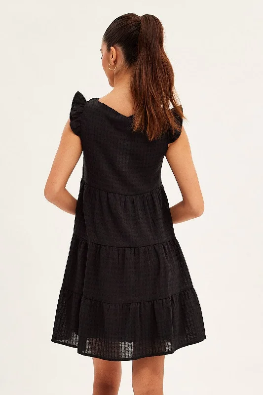 Black Button Front Mini Swing Dress