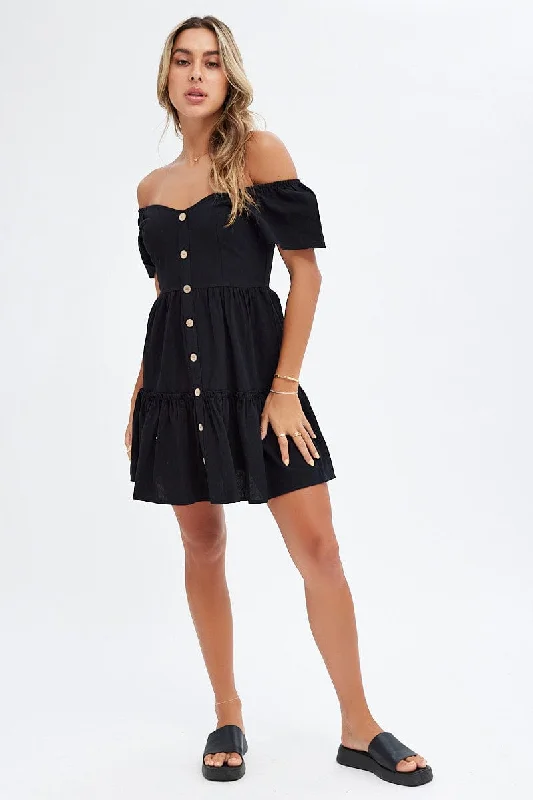 Black Button Front Mini Swing Dress