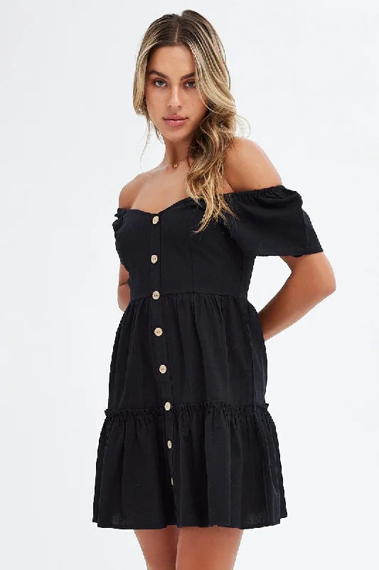 Black Button Front Mini Swing Dress