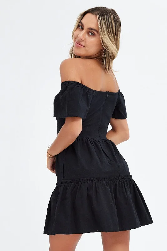 Black Button Front Mini Swing Dress