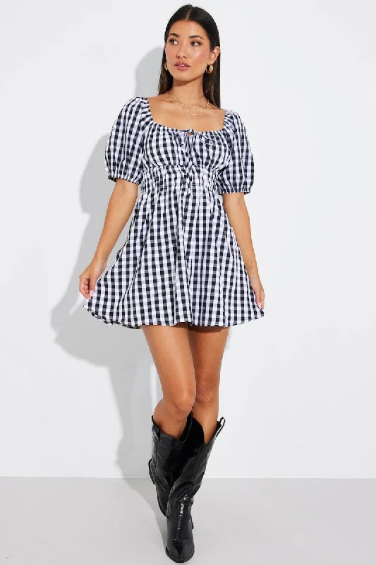 Black Check Fit and Flare Dress Short Sleeve Ruched