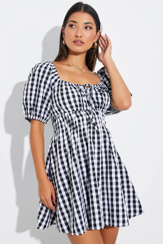 Black Check Fit and Flare Dress Short Sleeve Ruched