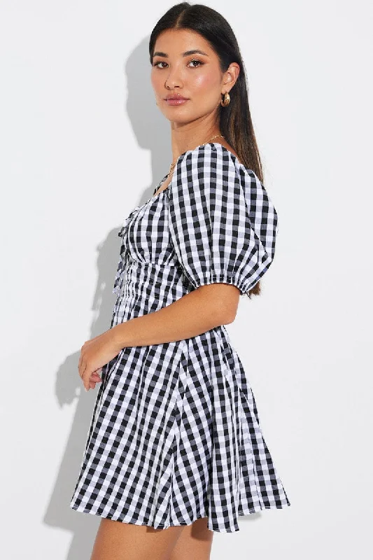 Black Check Fit and Flare Dress Short Sleeve Ruched