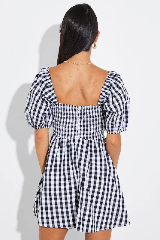 Black Check Fit and Flare Dress Short Sleeve Ruched