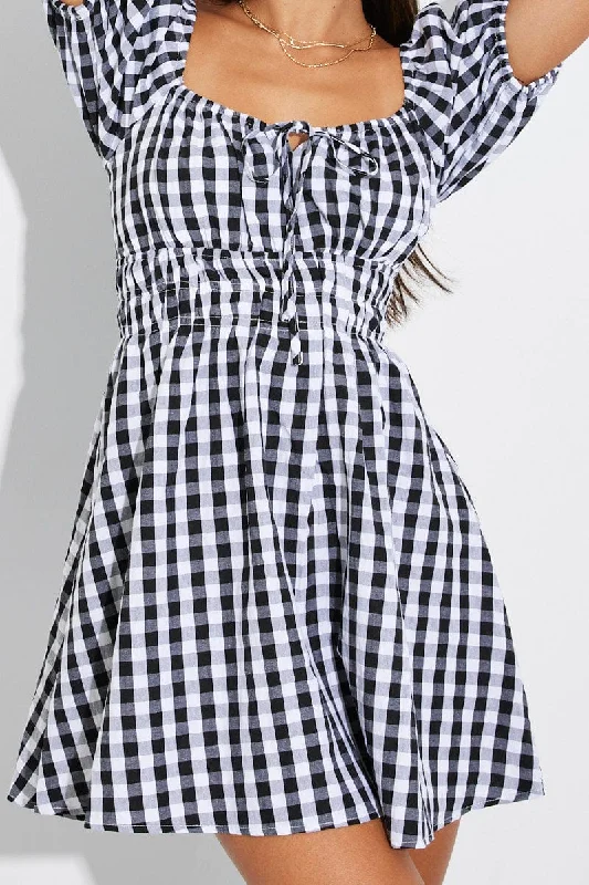 Black Check Fit and Flare Dress Short Sleeve Ruched