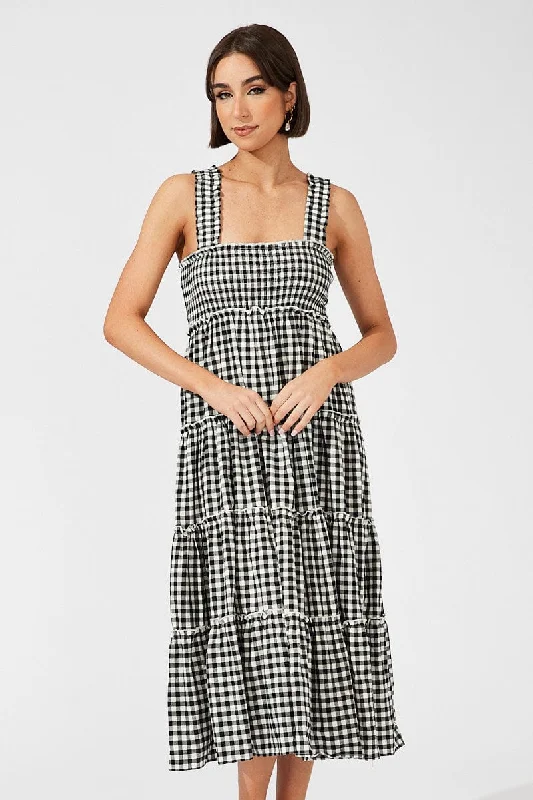 Black Check Maxi Dress Shirred Bust Tiered