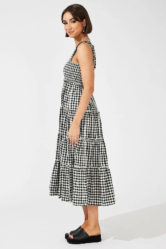 Black Check Maxi Dress Shirred Bust Tiered