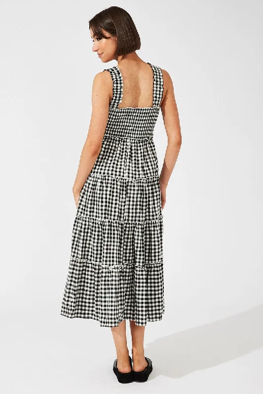 Black Check Maxi Dress Shirred Bust Tiered