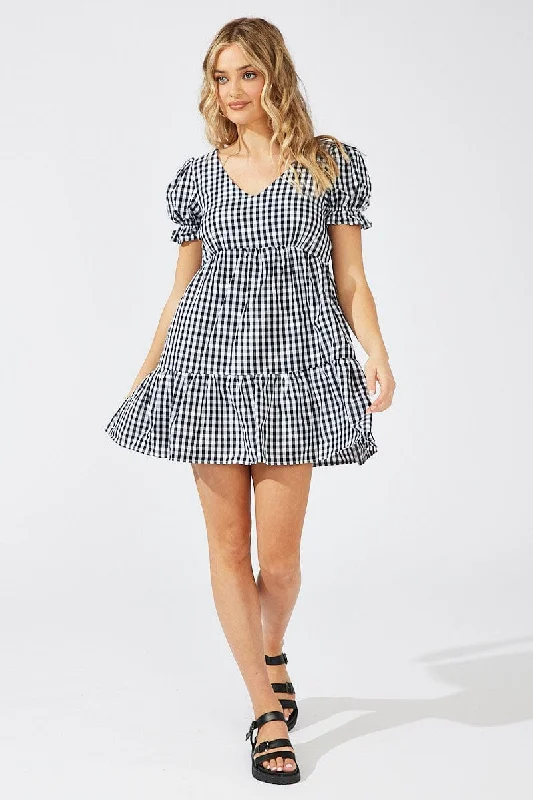 Black Check Smock Dress Short Sleeve Tiered