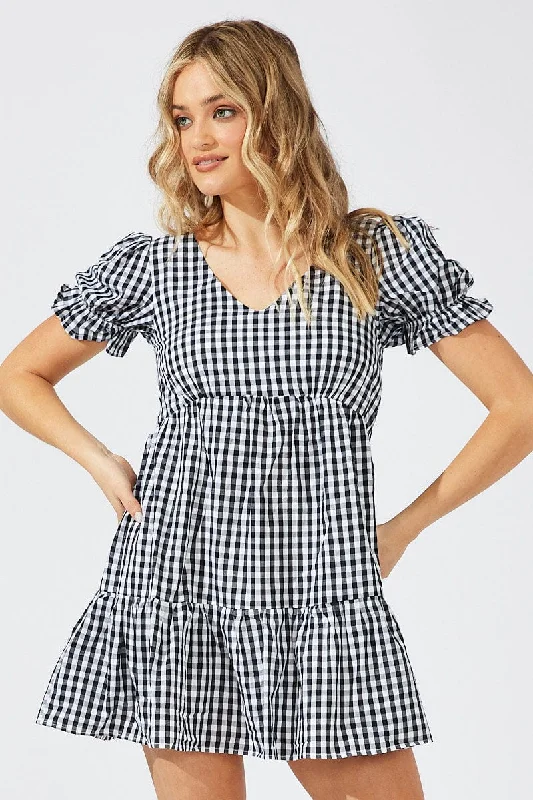 Black Check Smock Dress Short Sleeve Tiered