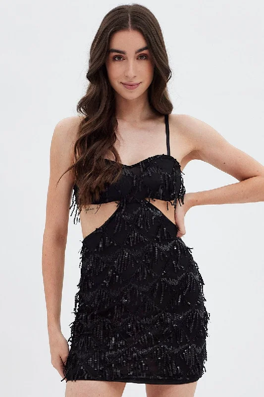 Black Cutout Sequin Dress Tassels