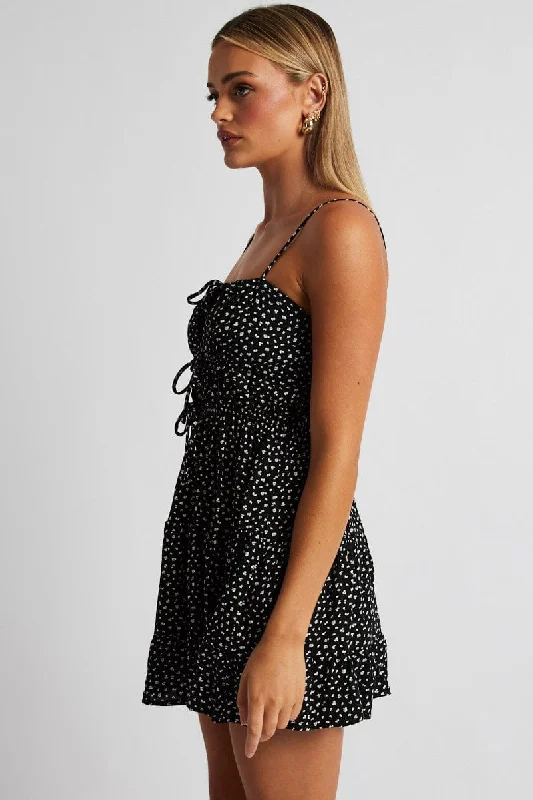 Black Ditsy Fit And Flare Dress Strappy