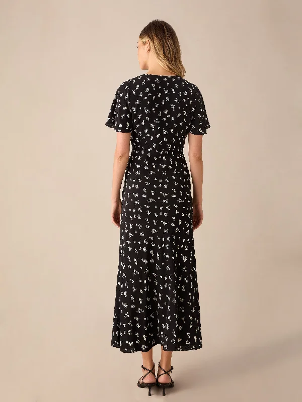 Black Ditsy Floral Print Flutter Sleeve Midi Dress