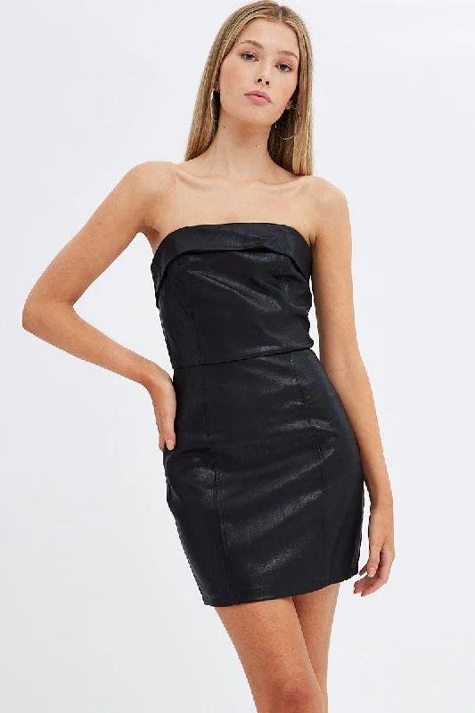 Black Dress Boob Tube Bodycon Faux Leather