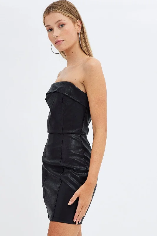 Black Dress Boob Tube Bodycon Faux Leather