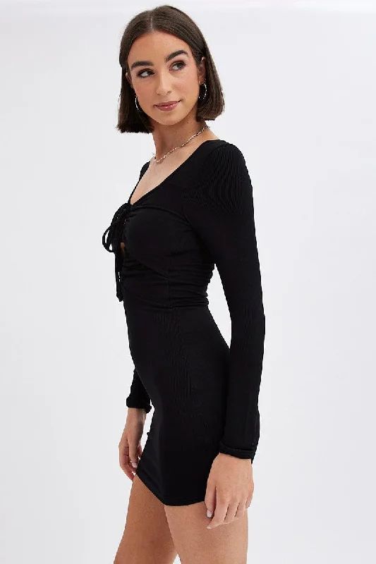 Black Dress Long Sleeve Cut Out Details Bodycon Rib