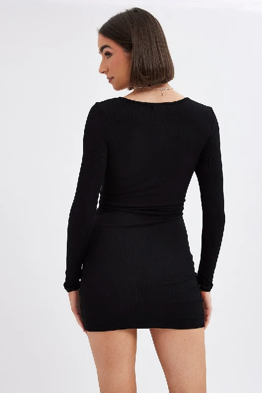 Black Dress Long Sleeve Cut Out Details Bodycon Rib