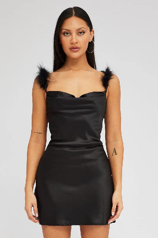 Black Feather Shoulder Satin Slip Dress