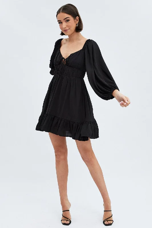 Black Fit and Flare Dress Long Sleeve Cut Out