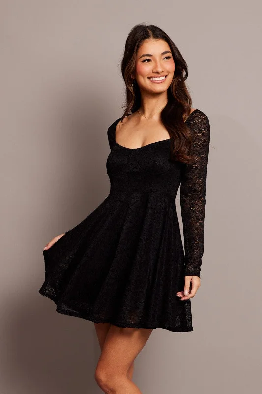 Black Fit And Flare Dress Long Sleeve Lace