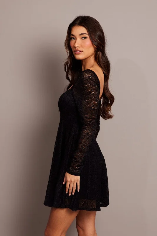 Black Fit And Flare Dress Long Sleeve Lace