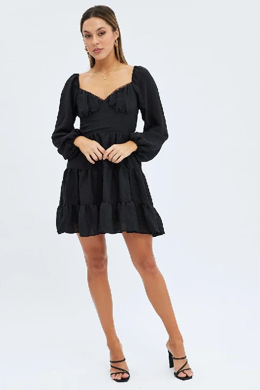 Black Fit and Flare Dress Long Sleeve Tiered