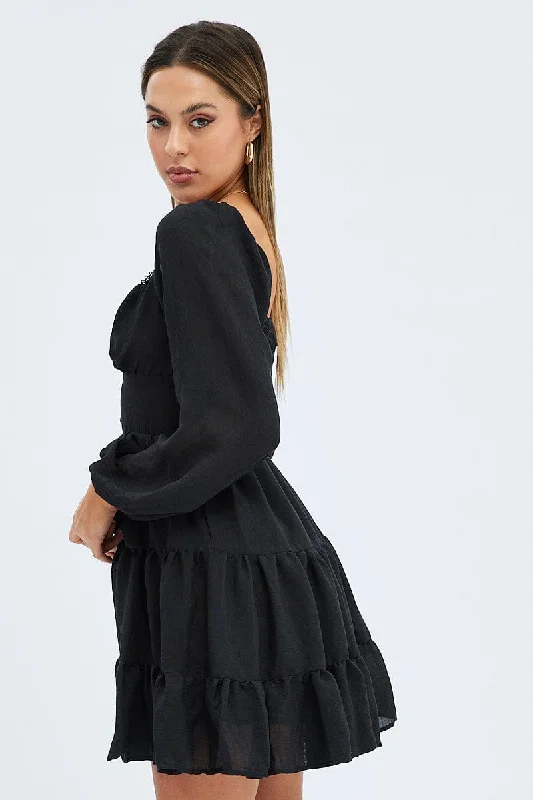 Black Fit and Flare Dress Long Sleeve Tiered