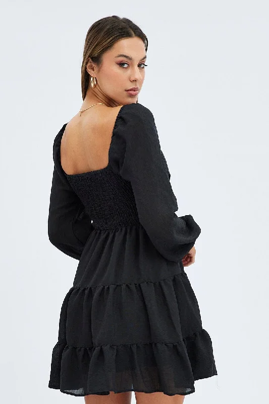 Black Fit and Flare Dress Long Sleeve Tiered