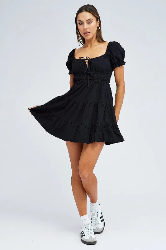 Black Fit And Flare Dress Puff Sleeve Mini