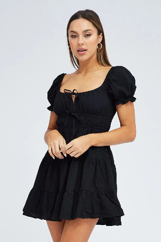 Black Fit And Flare Dress Puff Sleeve Mini