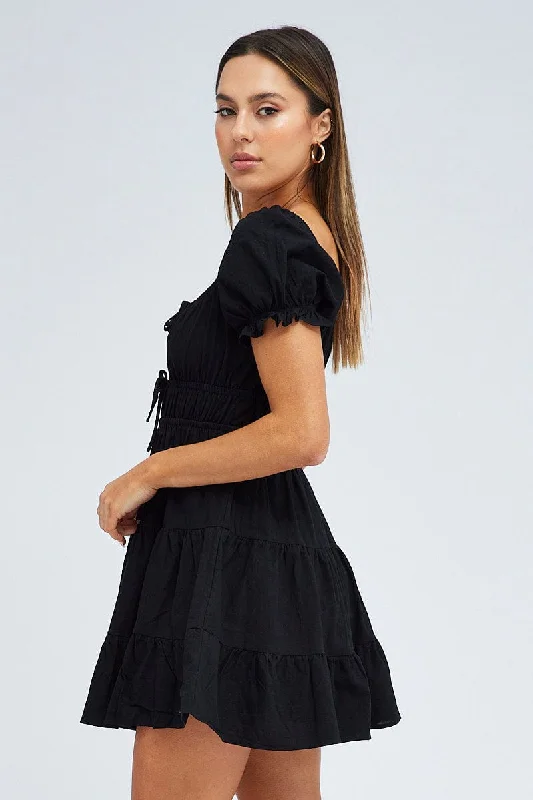 Black Fit And Flare Dress Puff Sleeve Mini