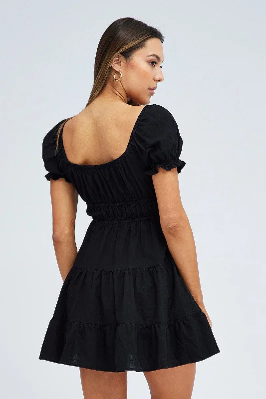 Black Fit And Flare Dress Puff Sleeve Mini