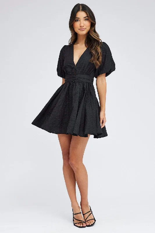 Black Fit And Flare Dress Puff Sleeve Mini