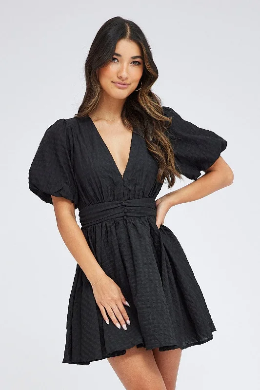 Black Fit And Flare Dress Puff Sleeve Mini