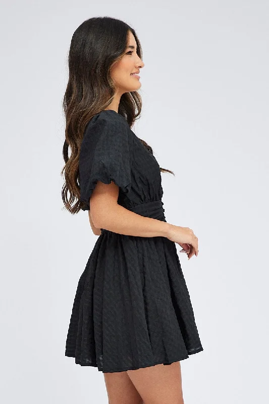 Black Fit And Flare Dress Puff Sleeve Mini