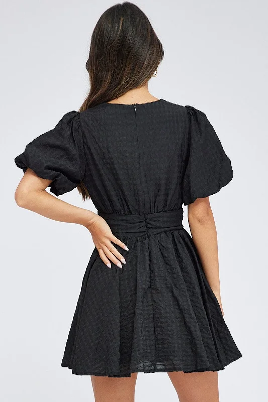 Black Fit And Flare Dress Puff Sleeve Mini