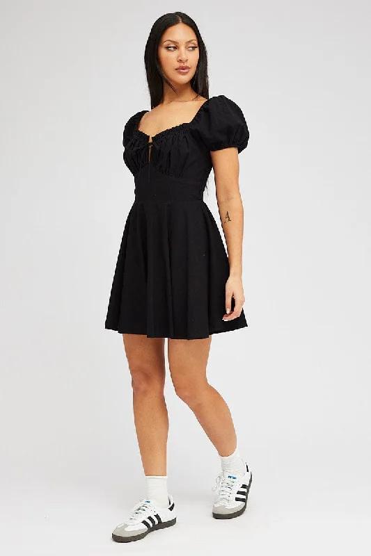 Black Fit And Flare Dress Puff Sleeve Mini