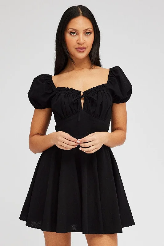 Black Fit And Flare Dress Puff Sleeve Mini