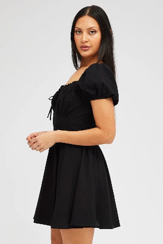 Black Fit And Flare Dress Puff Sleeve Mini