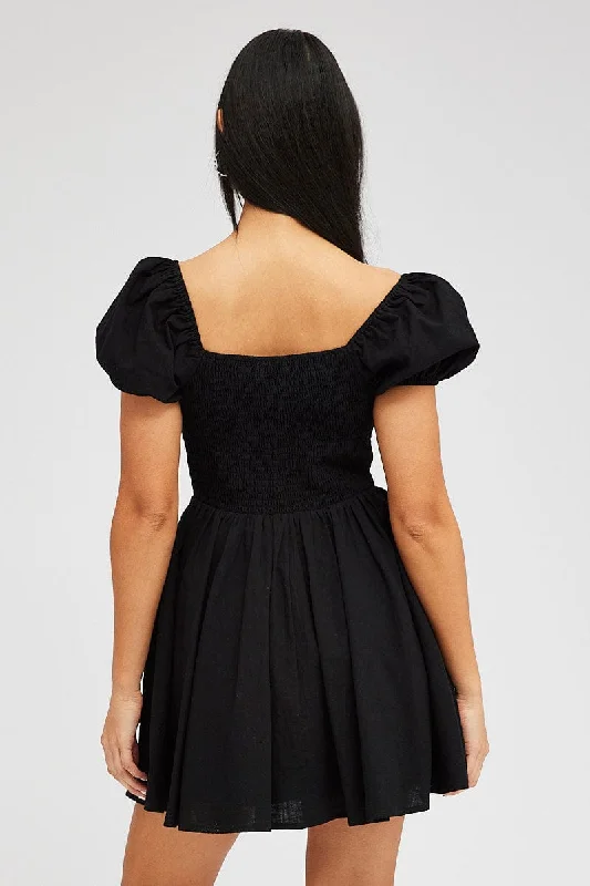 Black Fit And Flare Dress Puff Sleeve Mini