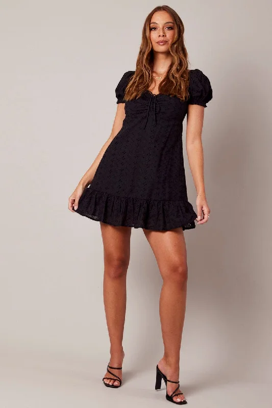 Black Fit And Flare Dress Puff Sleeve Mini