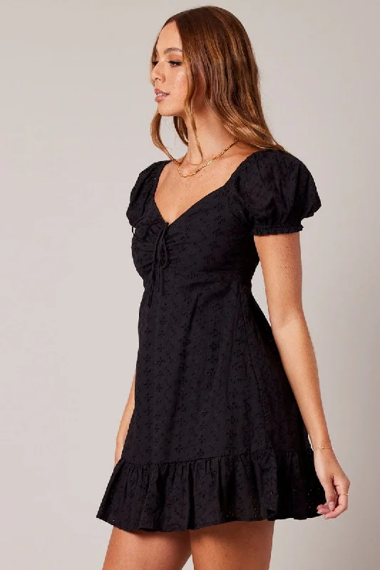 Black Fit And Flare Dress Puff Sleeve Mini