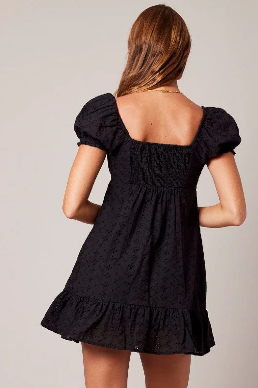 Black Fit And Flare Dress Puff Sleeve Mini