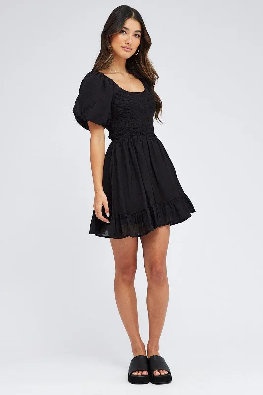 Black Fit And Flare Dress Shirred Bust Mini