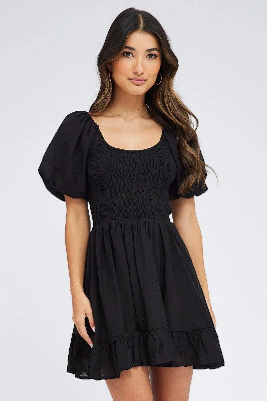 Black Fit And Flare Dress Shirred Bust Mini