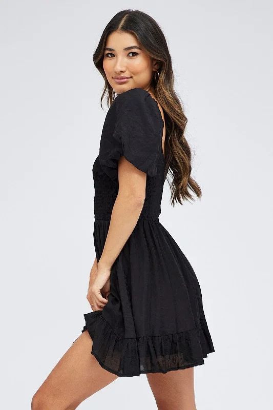 Black Fit And Flare Dress Shirred Bust Mini