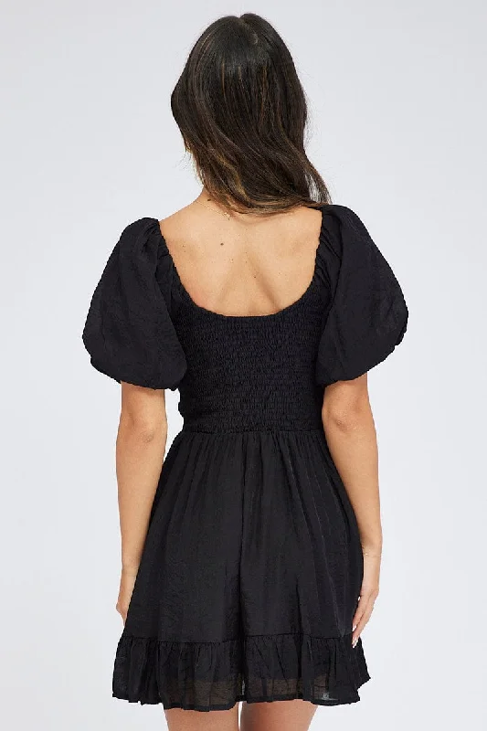 Black Fit And Flare Dress Shirred Bust Mini