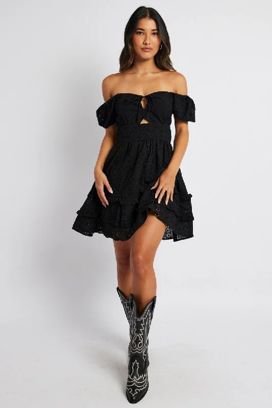 Black Fit and Flare Dress Short Sleeve Embroidered