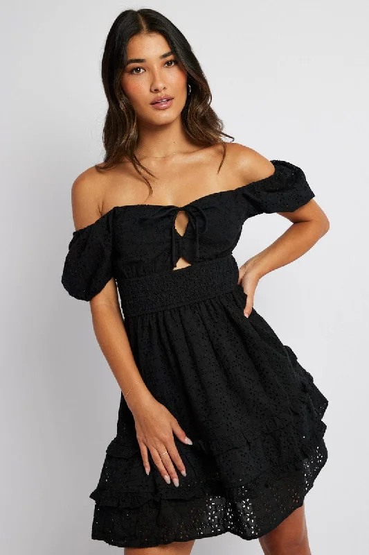 Black Fit and Flare Dress Short Sleeve Embroidered